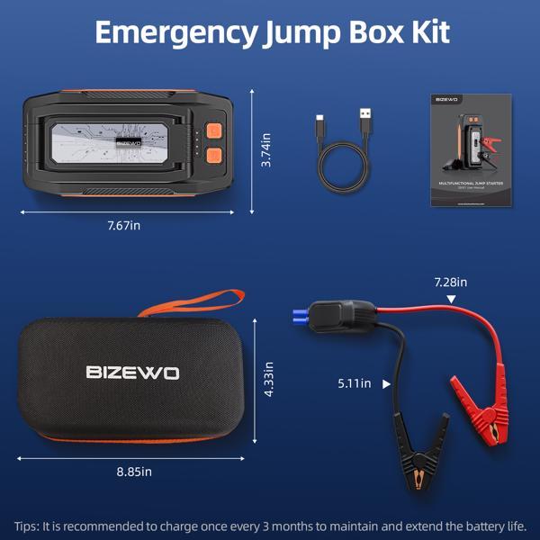 BIZEWO 4000A Car Jump Starter – Portable 12V Battery Starter for Gasoline & Diesel Engines up to 8.0L/6.5L – Fast USB Charging, LED Emergency Light, and Safety Features - Survival Edge Gear